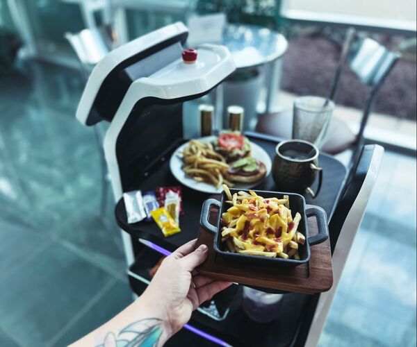 The Mars Waiter Robot filled with food for restaurant guests